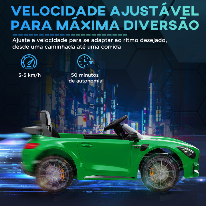 Carro Elétrico para Crianças acima de 3 Anos Carro Mercedes-Benz AMG GTR Carro Elétrico Infantil com Bateria 12V Controlo Remoto Faróis Buzina e Música 108x67x46 cm Verde