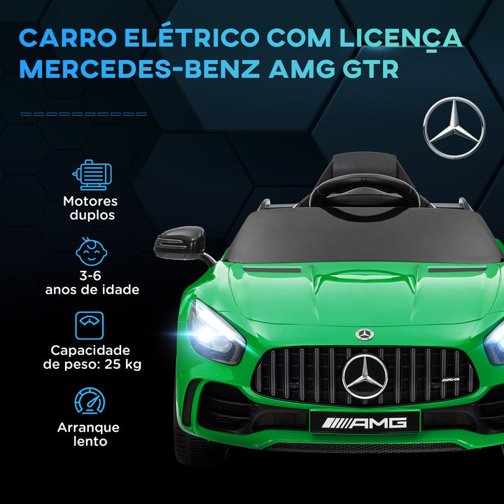 Carro Elétrico para Crianças acima de 3 Anos Carro Mercedes-Benz AMG GTR Carro Elétrico Infantil com Bateria 12V Controlo Remoto Faróis Buzina e Música 108x67x46 cm Verde