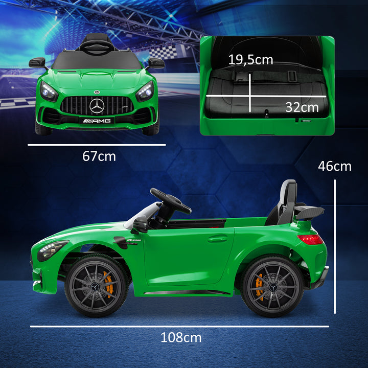 Carro Elétrico para Crianças acima de 3 Anos Carro Mercedes-Benz AMG GTR Carro Elétrico Infantil com Bateria 12V Controlo Remoto Faróis Buzina e Música 108x67x46 cm Verde