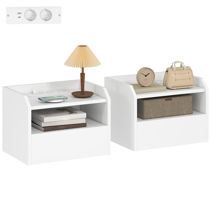 Conjunto de 2 Mesas de Cabeceira Flutuantes com Estação de Carregamento Mesas de Cabeceira para Quarto Gaveta Prateleira Aberta Montagem na Parede Estilo Moderno Sala de Estar 40x29x29 cm Branco