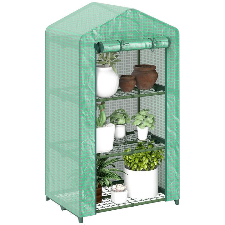 Estufa de Jardim de 3 Níveis Estufa de Exterior com 3 Prateleiras Porta Enrolável Estrutura Metálica Cobertura de PE Anti-UV Impermeável para Varanda e Terraço 69x49x125 cm Verde