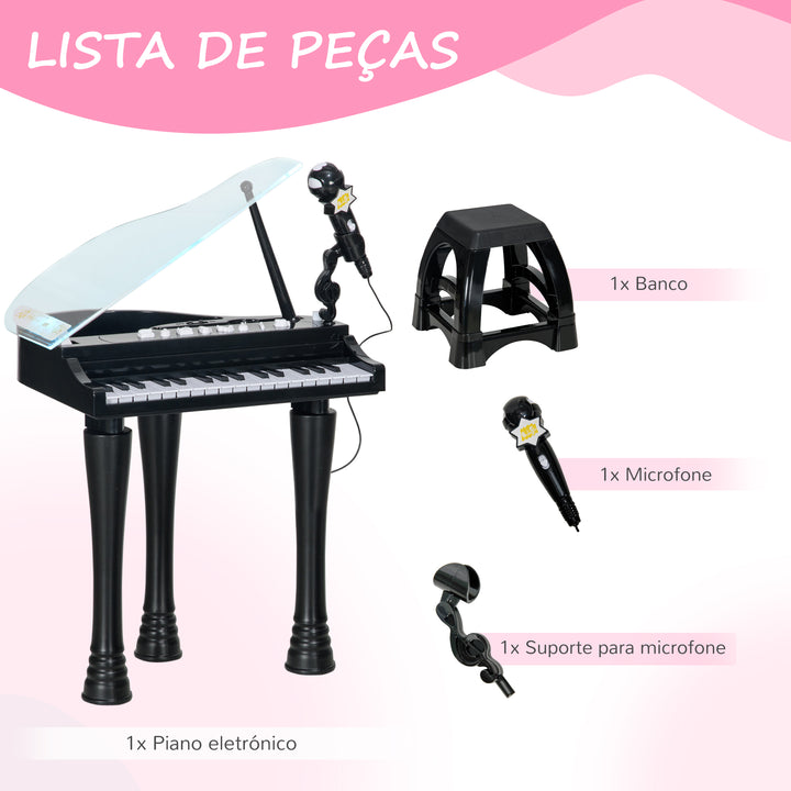 Piano Eletrónico para Crianças com 32 Teclas Piano com Microfone Banco Luzes 22 Músicas 4 Tons Pés Amovíveis e Volume Ajustável 37x30,5x60,4 cm Preto