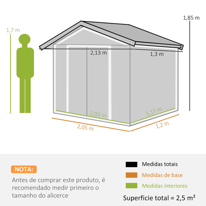 Abrigo de Jardim 213x130x185 cm Abrigo de Jardim Metálico de Exterior para Armazenamento de Ferramentas com 2 Portas Deslizantes e 4 Janelas para Terraço Verde Claro