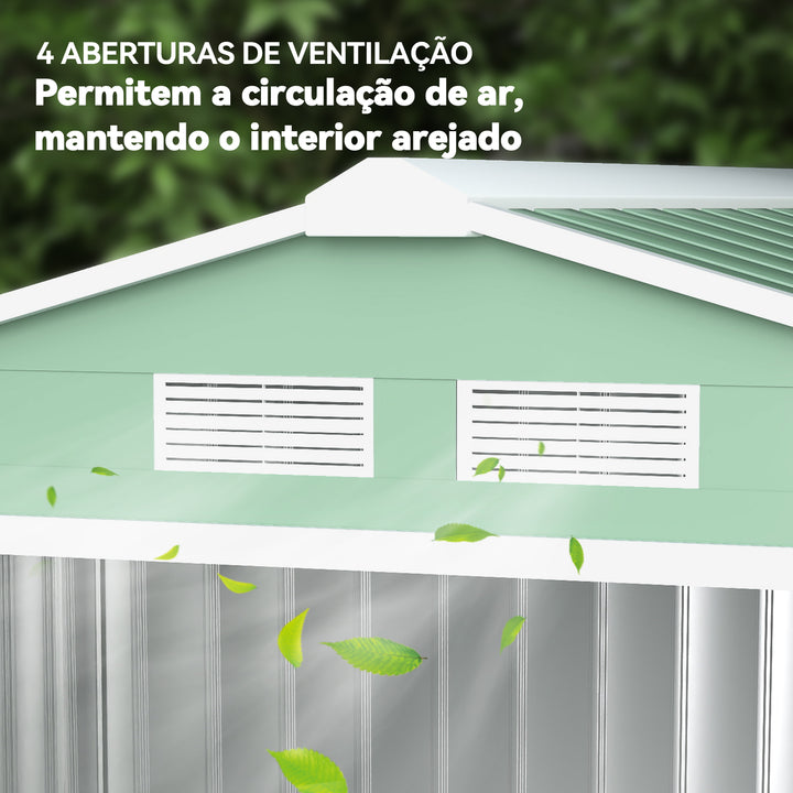 Abrigo de Jardim 213x130x185 cm Abrigo de Jardim Metálico de Exterior para Armazenamento de Ferramentas com 2 Portas Deslizantes e 4 Janelas para Terraço Verde Claro
