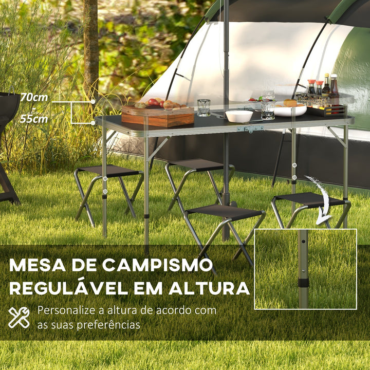Conjunto de Campismo de 5 Peças Mesa de Campismo Dobrável com Assentos Inclui 1 Mesa para Campismo Ajustável em Altura com Orifício e 4 Assentos Dobráveis para Piquenique Preto