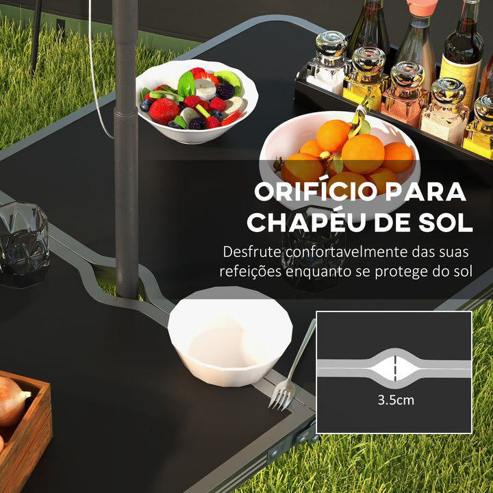 Conjunto de Campismo de 5 Peças Mesa de Campismo Dobrável com Assentos Inclui 1 Mesa para Campismo Ajustável em Altura com Orifício e 4 Assentos Dobráveis para Piquenique Preto