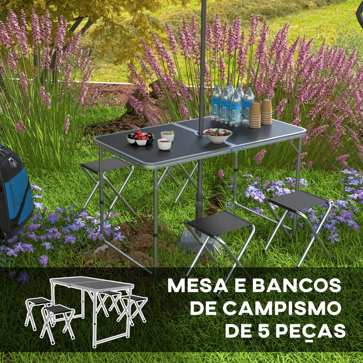 Conjunto de Campismo de 5 Peças Mesa de Campismo Dobrável com Assentos Inclui 1 Mesa para Campismo Ajustável em Altura com Orifício e 4 Assentos Dobráveis para Piquenique Preto