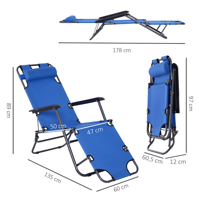 Espreguiçadeira Reclinável e Dobrável com Encosto Ajustável Apoio de Braço Almofada e Apoio para os Pés para Jardim Carga 136 kg 135x60x89 cm Azul