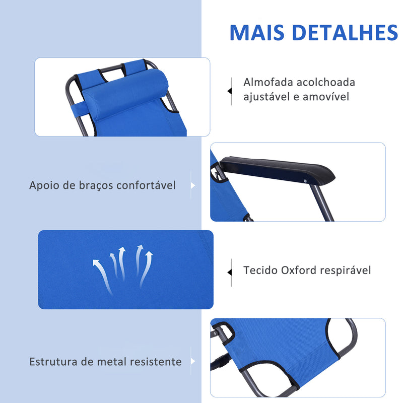 Espreguiçadeira Reclinável e Dobrável com Encosto Ajustável Apoio de Braço Almofada e Apoio para os Pés para Jardim Carga 136 kg 135x60x89 cm Azul