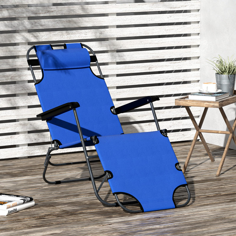 Espreguiçadeira Reclinável e Dobrável com Encosto Ajustável Apoio de Braço Almofada e Apoio para os Pés para Jardim Carga 136 kg 135x60x89 cm Azul