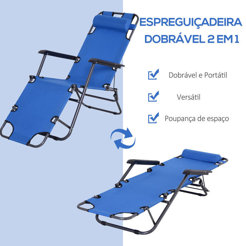 Espreguiçadeira Reclinável e Dobrável com Encosto Ajustável Apoio de Braço Almofada e Apoio para os Pés para Jardim Carga 136 kg 135x60x89 cm Azul