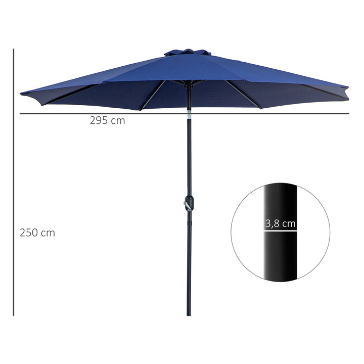 Chapéu de Sol de Jardim Ø295x250 cm com Manivela Chapéu de Sol Exterior com Mecanismo de Inclinação e Mastro Desmontável de Metal para Terraço Piscina Pátio Azul