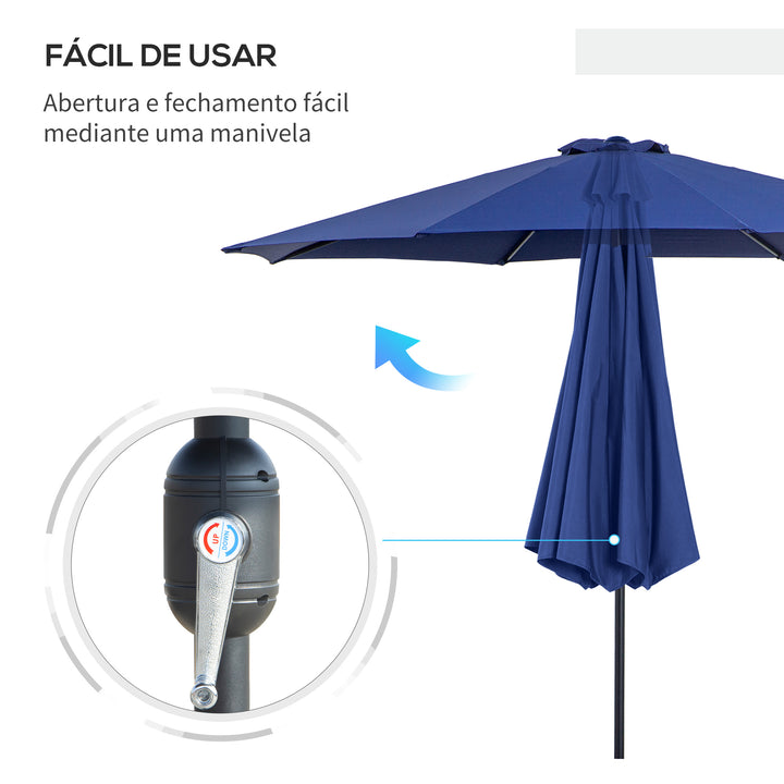 Chapéu de Sol de Jardim Ø295x250 cm com Manivela Chapéu de Sol Exterior com Mecanismo de Inclinação e Mastro Desmontável de Metal para Terraço Piscina Pátio Azul