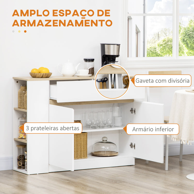 Aparador de Cozinha Aparador Branco com 2 Portas Gaveta e 3 Prateleiras Abertas Armário de Armazenamento para Sala de Estar e Jantar 110x29,5x82 cm