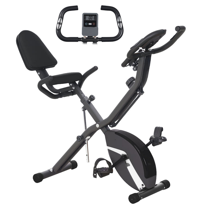 Bicicleta Estática Dobrável com Resistência Magnética de 8 Níveis Bicicleta Estática Dobrável com Encosto Volante Ecrã LCD e Banda de Resistência Carga 110 kg 43x97x109 cm Preto