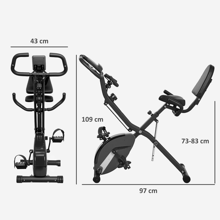 Bicicleta Estática Dobrável com Resistência Magnética de 8 Níveis Bicicleta Estática Dobrável com Encosto Volante Ecrã LCD e Banda de Resistência Carga 110 kg 43x97x109 cm Preto