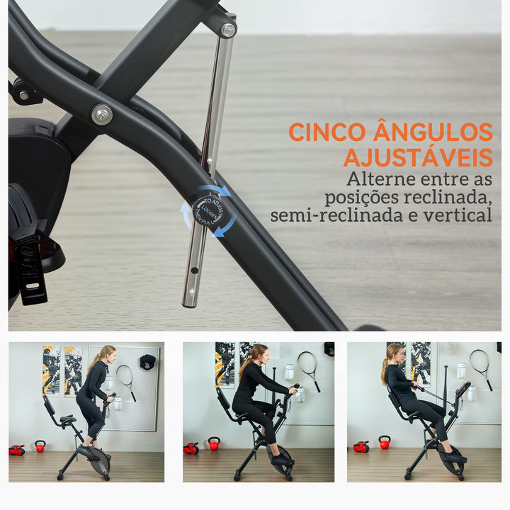 Bicicleta Estática Dobrável com Resistência Magnética de 8 Níveis Bicicleta Estática Dobrável com Encosto Volante Ecrã LCD e Banda de Resistência Carga 110 kg 43x97x109 cm Preto