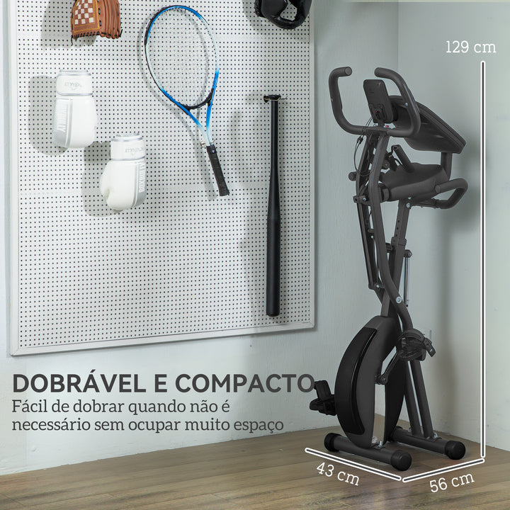 Bicicleta Estática Dobrável com Resistência Magnética de 8 Níveis Bicicleta Estática Dobrável com Encosto Volante Ecrã LCD e Banda de Resistência Carga 110 kg 43x97x109 cm Preto