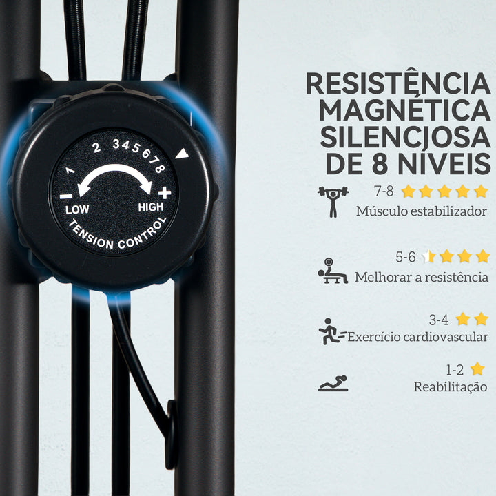 Bicicleta Estática Dobrável com Resistência Magnética de 8 Níveis Bicicleta Estática Dobrável com Encosto Volante Ecrã LCD e Banda de Resistência Carga 110 kg 43x97x109 cm Preto