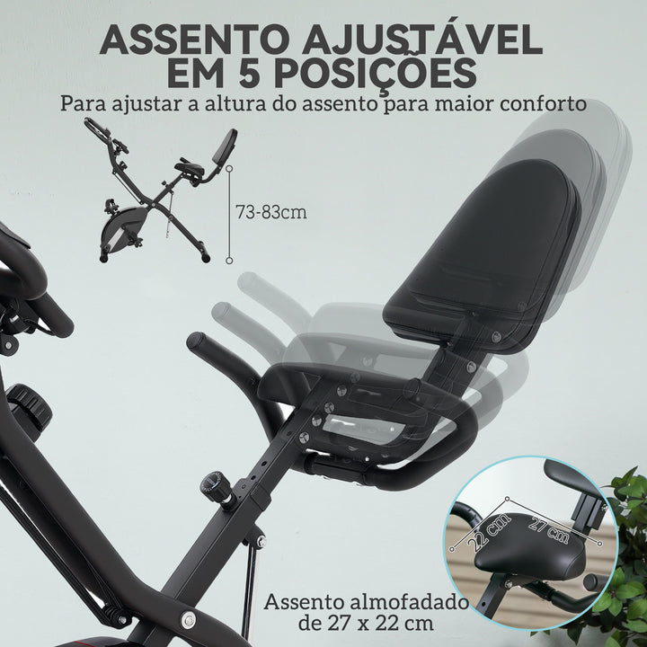 Bicicleta Estática Dobrável com Resistência Magnética de 8 Níveis Bicicleta Estática Dobrável com Encosto Volante Ecrã LCD e Banda de Resistência Carga 110 kg 43x97x109 cm Preto