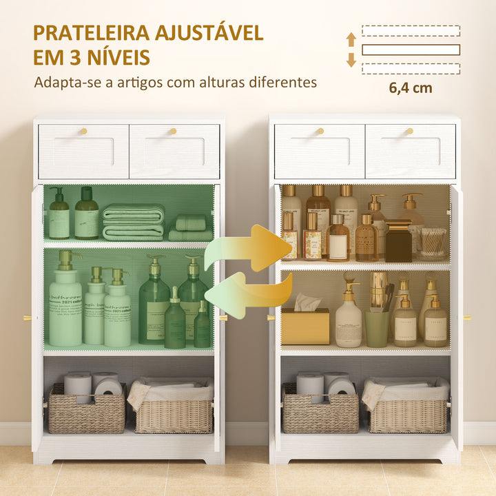 Armário de Casa de Banho Estreito Móvel Auxiliar Casa de Banho 60x30x108 cm, com 2 Gavetas Prateleira Aberta e Porta com Painel Arqueado Estilo Moderno, para Espaços Pequenos Branco Texturizado