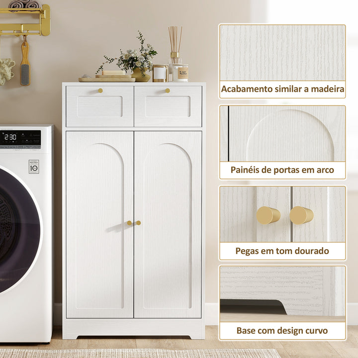 Armário de Casa de Banho Estreito Móvel Auxiliar Casa de Banho 60x30x108 cm, com 2 Gavetas Prateleira Aberta e Porta com Painel Arqueado Estilo Moderno, para Espaços Pequenos Branco Texturizado