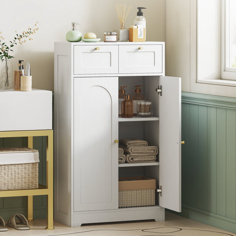 Armário de Casa de Banho Estreito Móvel Auxiliar Casa de Banho 60x30x108 cm, com 2 Gavetas Prateleira Aberta e Porta com Painel Arqueado Estilo Moderno, para Espaços Pequenos Branco Texturizado