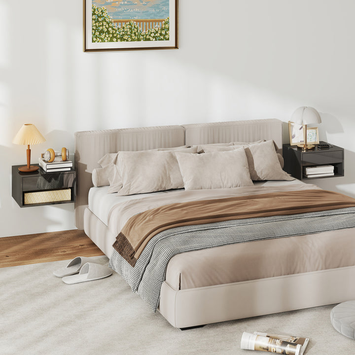 Conjunto de 2 Mesas de Cabeceira Suspensas Mesas de Cabeceira com Gaveta Prateleira Aberta para Quarto Sala 37x32x21 cm Preto Brilhante