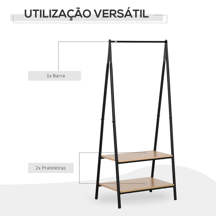 Suporte para Cabides com 2 Prateleiras de Armazenamento Barra para Pendurar e Estrutura de Aço para Entrada Corredor Dormitório 64x42,5x149 cm Preto