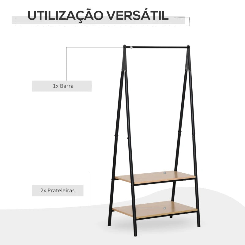 Suporte para Cabides com 2 Prateleiras de Armazenamento Barra para Pendurar e Estrutura de Aço para Entrada Corredor Dormitório 64x42,5x149 cm Preto