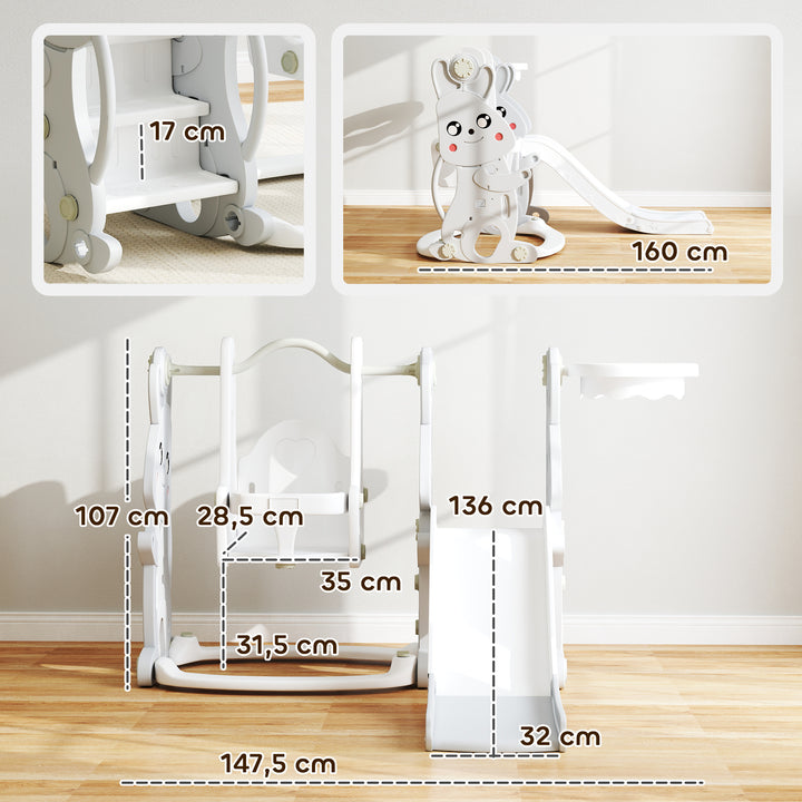 Escorrega Infantil 4 em 1 Baloiço e Escorrega Escalador Cesto de Basquetebol Temática de Coelho Parque Infantil para Interior e Exterior 147,5x160x107 cm Cinzento