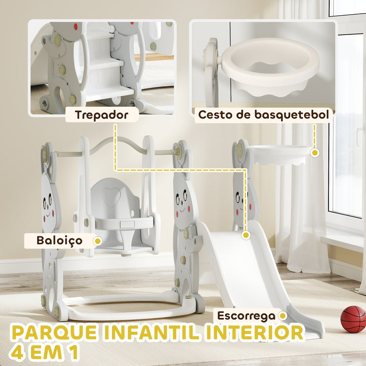 Escorrega Infantil 4 em 1 Baloiço e Escorrega Escalador Cesto de Basquetebol Temática de Coelho Parque Infantil para Interior e Exterior 147,5x160x107 cm Cinzento