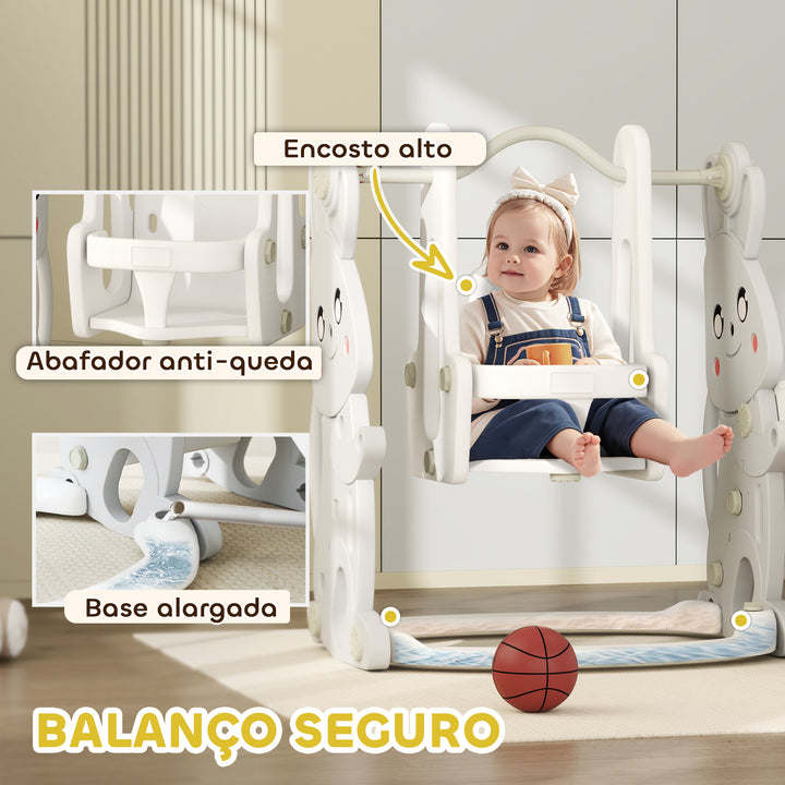 Escorrega Infantil 4 em 1 Baloiço e Escorrega Escalador Cesto de Basquetebol Temática de Coelho Parque Infantil para Interior e Exterior 147,5x160x107 cm Cinzento