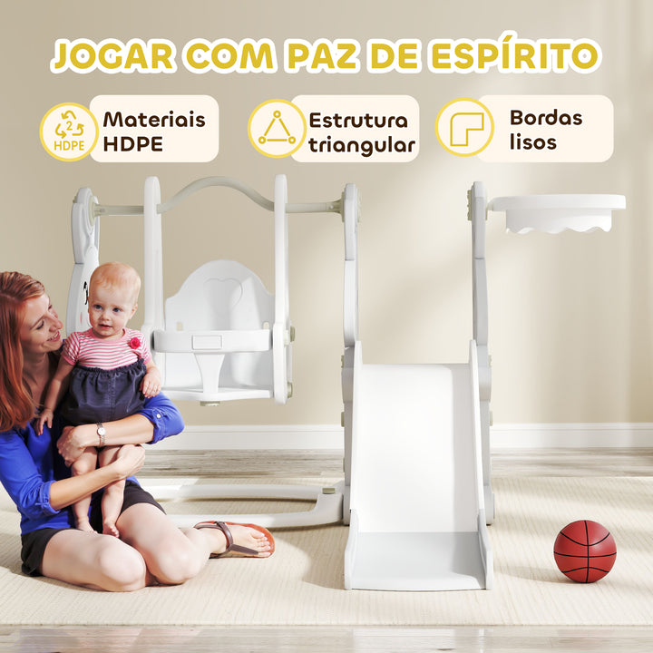Escorrega Infantil 4 em 1 Baloiço e Escorrega Escalador Cesto de Basquetebol Temática de Coelho Parque Infantil para Interior e Exterior 147,5x160x107 cm Cinzento