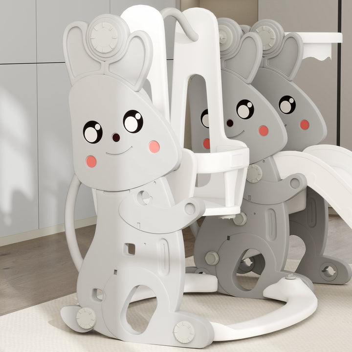 Escorrega Infantil 4 em 1 Baloiço e Escorrega Escalador Cesto de Basquetebol Temática de Coelho Parque Infantil para Interior e Exterior 147,5x160x107 cm Cinzento