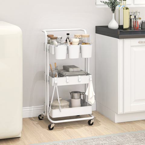 Carrinho de Cozinha de Aço Carrinho de Armazenamento com 4 Ganchos 3 Cestas Removíveis 3 Caixas Suspensas e Travões para Casa de Banho Sala de Estar Dormitório 42x38x86,5 cm Branco