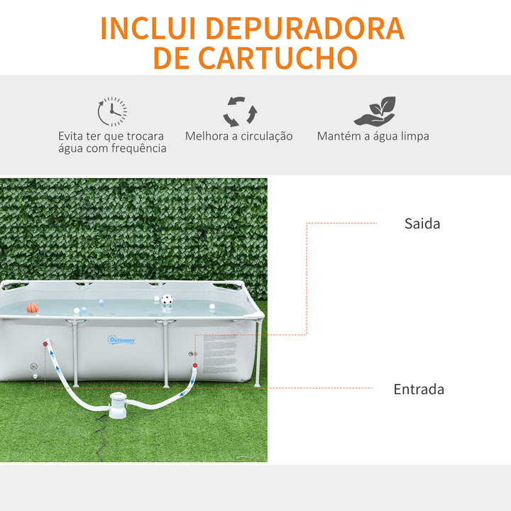 Piscina Desmontável Tubular 252x152x65cm com Depuradora de Cartucho Piscina Retangular de Exterior para Adultos e Crianças 3600L Cinza