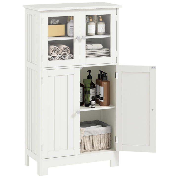Armário Casa de Banho Móvel Auxiliar com Portas de Vidro Temperado e Prateleiras Ajustáveis para Cozinha Sala de Jantar Sala de Estar 60x30x108,5cm Branco