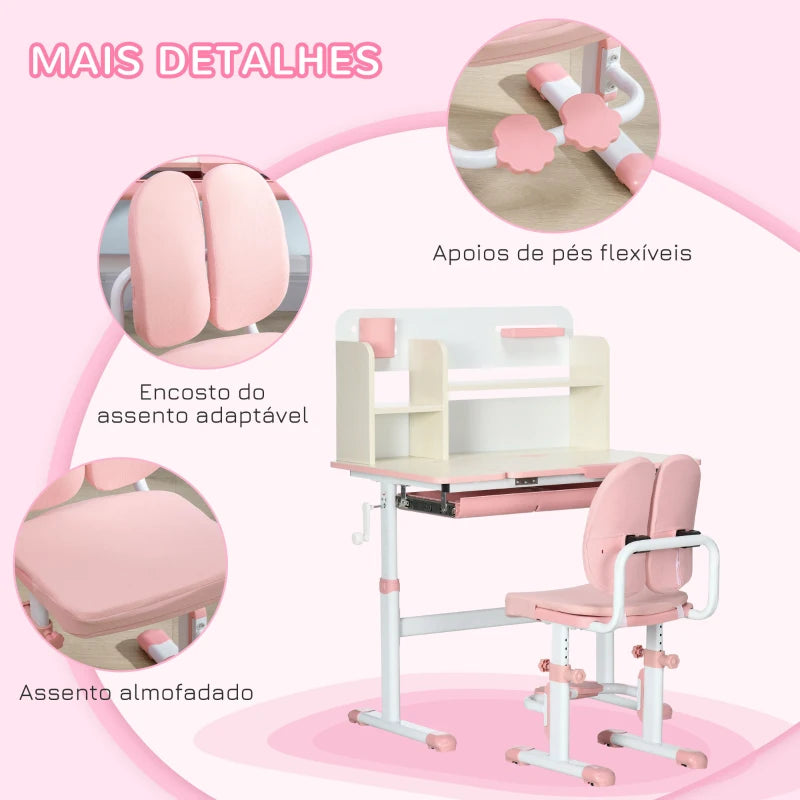 Conjunto de Secretária e Cadeira para Crianças acima de 3 Anos com Altura Ajustável Gaveta Prateleiras e Bancada Inclinável 80x52x88-109 cm Rosa e Branco