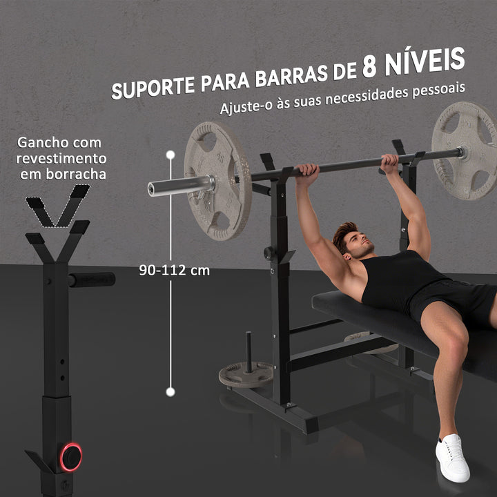 Banco de Musculação Multifuncional Dobrável Banco de Pesos com Suporte para Barras Ajustável e Estação de Dips Carga 150 kg para Treino Completo em Casa ou Ginásio