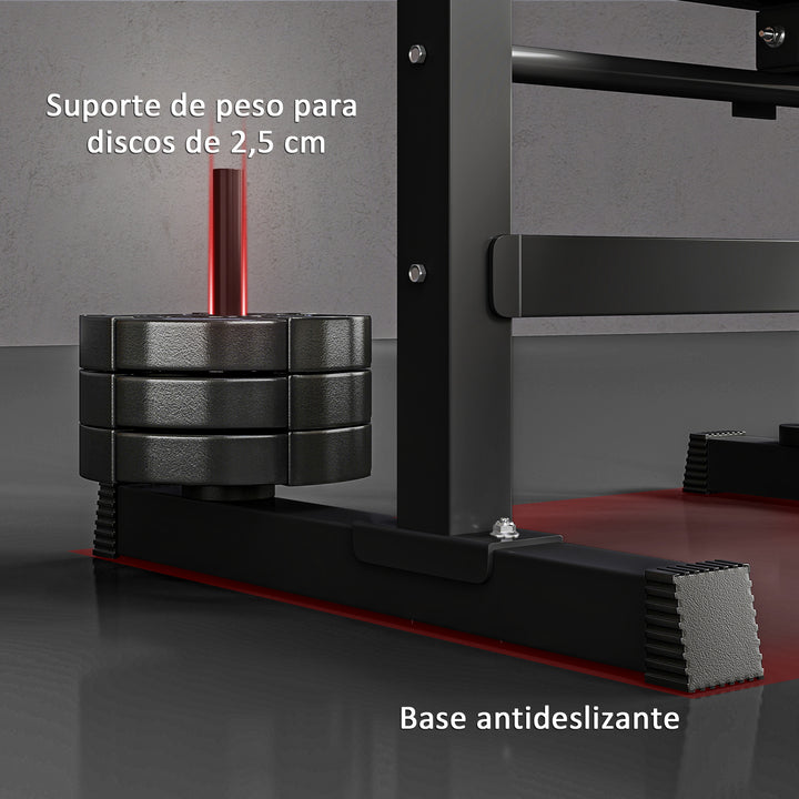 Banco de Musculação Multifuncional Dobrável Banco de Pesos com Suporte para Barras Ajustável e Estação de Dips Carga 150 kg para Treino Completo em Casa ou Ginásio