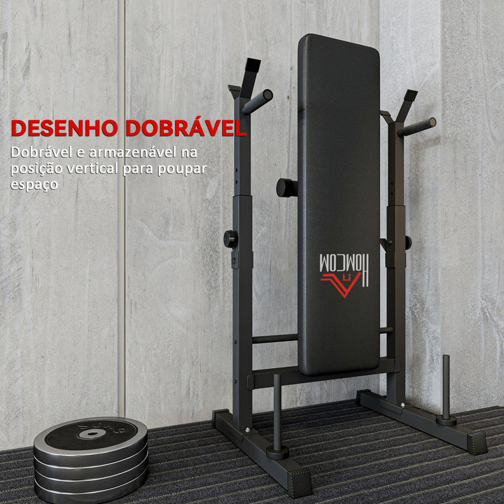 Banco de Musculação Multifuncional Dobrável Banco de Pesos com Suporte para Barras Ajustável e Estação de Dips Carga 150 kg para Treino Completo em Casa ou Ginásio
