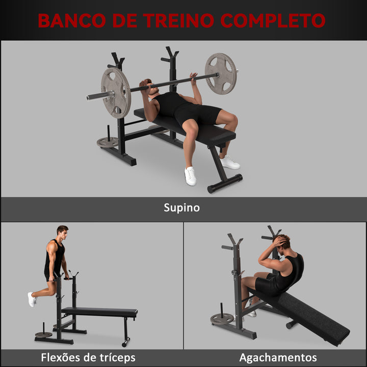 Banco de Musculação Multifuncional Dobrável Banco de Pesos com Suporte para Barras Ajustável e Estação de Dips Carga 150 kg para Treino Completo em Casa ou Ginásio