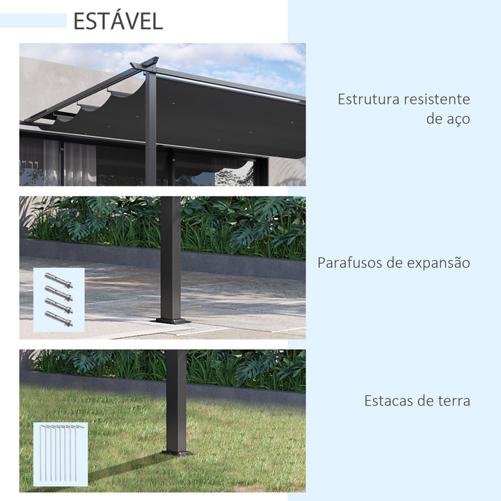 Pérgola de Parede de Jardim 3,9x2,9 m Pérgola com Teto Retrátil Tecido de Poliéster e Estrutura de Aço para Pátio Varanda Cinza Escuro