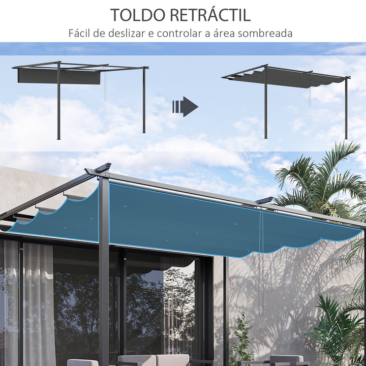 Pérgola de Parede de Jardim 3,9x2,9 m Pérgola com Teto Retrátil Tecido de Poliéster e Estrutura de Aço para Pátio Varanda Cinza Escuro