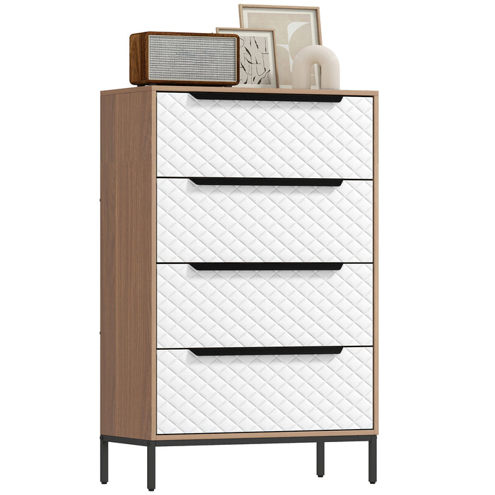 Cómoda com 4 Gavetas de Tecido Cómoda para Quarto Frentes com Padrão de Diamante Móvel de Arrumação para Sala de Estar Escritório Closet 59,5,5x30x92,5 cm Madeira e Branco