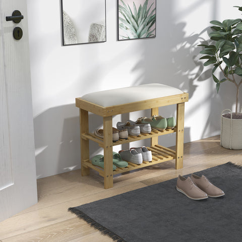 Banco Sapateira de Bambu Sapateira com Assento Almofadado 2 Prateleiras para 6 Pares de Sapatos para Entrada Dormitório 60x29x49 cm Madeira e Creme