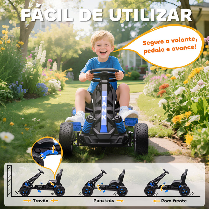 Kart a Pedais para Crianças a Partir dos 3 Anos Kart com Embraiagem Automática Travão Rodas Antiderrapantes em EVA e Estrutura Metálica Carga 50 kg 100x59x60,5 cm Azul