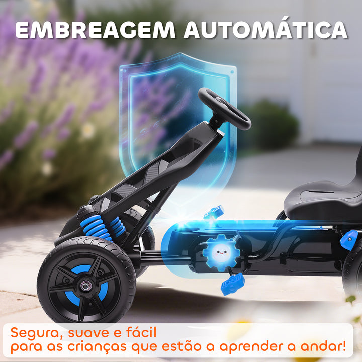 Kart a Pedais para Crianças a Partir dos 3 Anos Kart com Embraiagem Automática Travão Rodas Antiderrapantes em EVA e Estrutura Metálica Carga 50 kg 100x59x60,5 cm Azul
