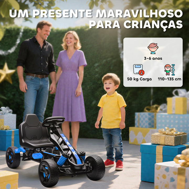 Kart a Pedais para Crianças a Partir dos 3 Anos Kart com Embraiagem Automática Travão Rodas Antiderrapantes em EVA e Estrutura Metálica Carga 50 kg 100x59x60,5 cm Azul